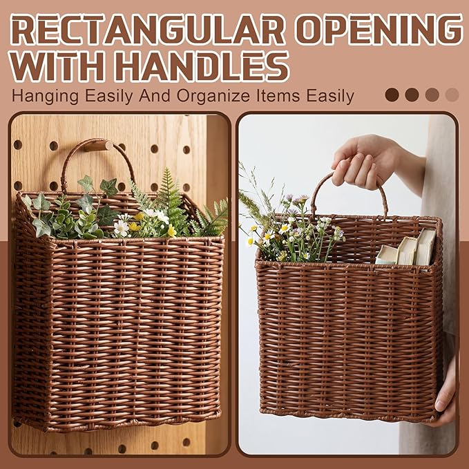 2 Pack PE Rattan Hanging Wall Basket Wicker Hanging Basket for Front Door Mail Flowers Books Accessories Organizing Boho Rustic Farmhouse Wall Decor(Square Opening)