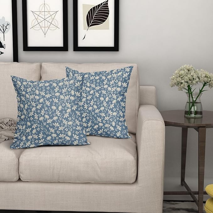 Light Blue Pillow Covers 20x20 Set of 2 Vintage Floral Rustic Old Style Cute Flower Print Decorative Outdoor Pillowcases Seasonal Farmhouse Throw Cushion Case Decor for Couch Sofa Bed