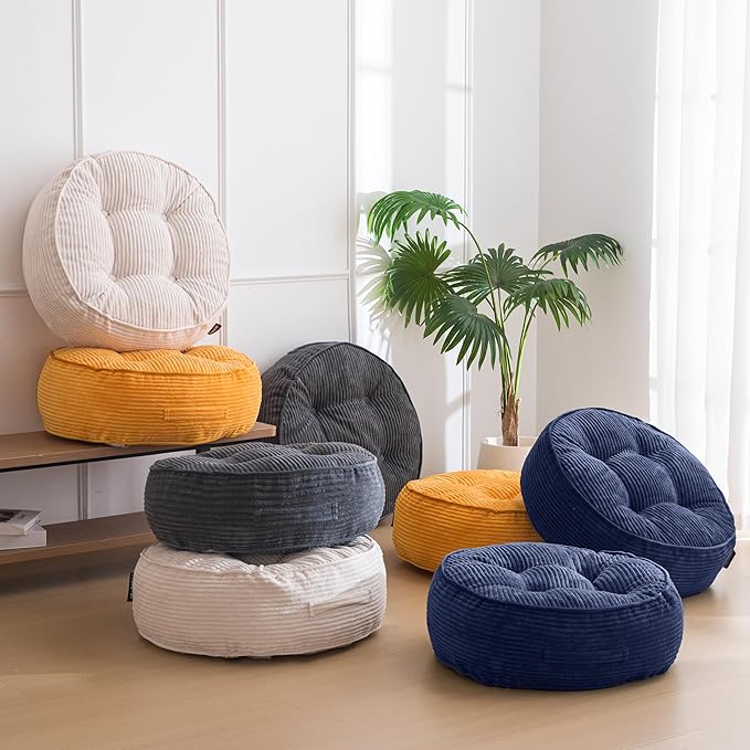 HIGOGOGO 8" Extra Thick Floor Pillow Cushion for Adults, Meditation Cushion Pillow, Large Round Floor Sitting, Tufted Corduroy Cover, for Tatami Living Room or Yoga, 22x22 Inch, Dark Grey