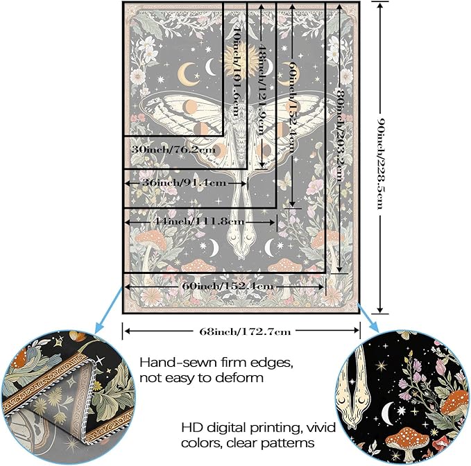 Aipon Boho Moth Tapestry Vintage Floral Flowers Tapestries Aesthetic Retro Mushroom Tapestries for Bedroom Sun and Moon Indie Small Tapestry Wall Hanging for Living Room Dorm 60 x 44 Inch
