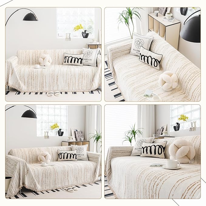 Chenille Couch Cover Pet Friendly, Sofa Cover Washable, Reversible Sofa Slipcover for Sectional Sofa, Loveseat, 2 or 3 Cushion Couch, Corner Sofa, Futon Cover (71" X 102", Khaki)