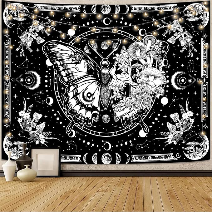 Skeleton Butterfly Tapestry Black and White Skull Mushroom Plants Tapestries Hippie Aesthetic Tapestry Wall Hanging for Bedroom Living Room Dorm (Black, 60” x 44”)