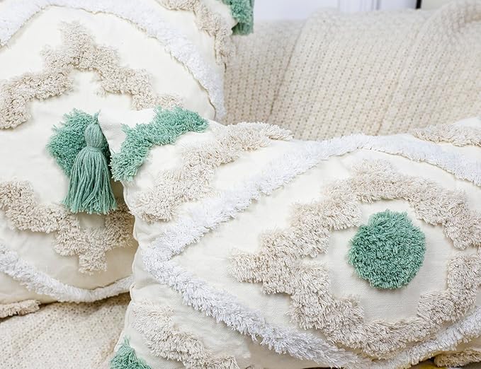 Decorative Farmhouse Throw Pillow Covers 12 x 20,Modern Neutral Couch Pillow Cover,Cotton Checked Pattern Boho Lumbar Pillow Case Cover for Couch Bed Sofa Bedroom,Green&Beige&White