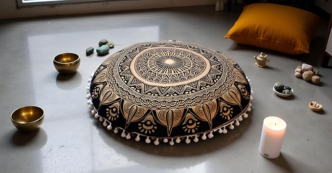 CRAFT KALA Large Round Bohemian Floor Pillow Pouf Cover Mandala Meditation Room Pillow Cover for Adults Boho Seating Poufs Cushion Cover for Kids Playroom Black Golden 32" Round