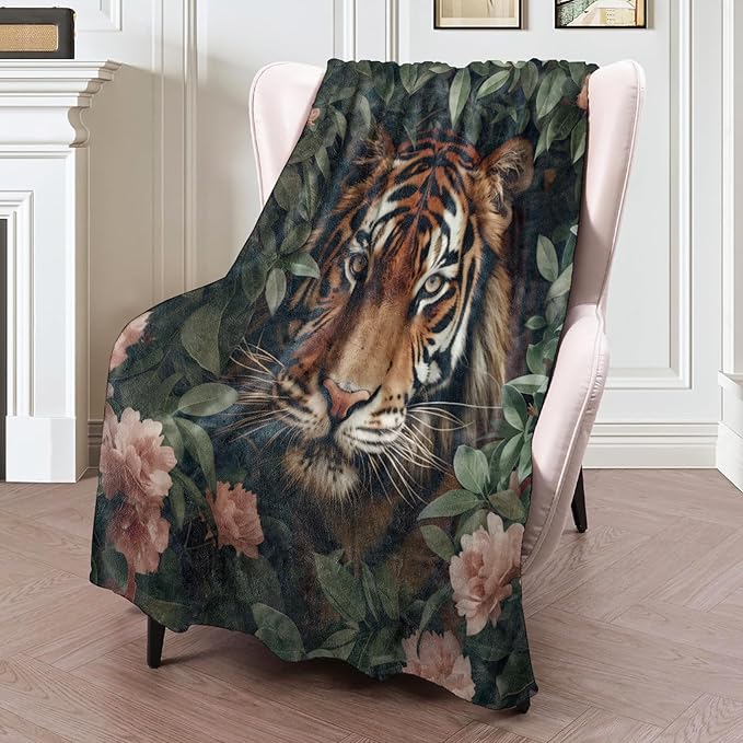 Tiger Floral Flannel Blanket 50x60in,Fierce Jungle Animal Face with Pink Flowers,Soft Lightweight Wild Animal Throw for Men,Women,Nature Lovers,Bedroom Couch Décor Gifts Blankets