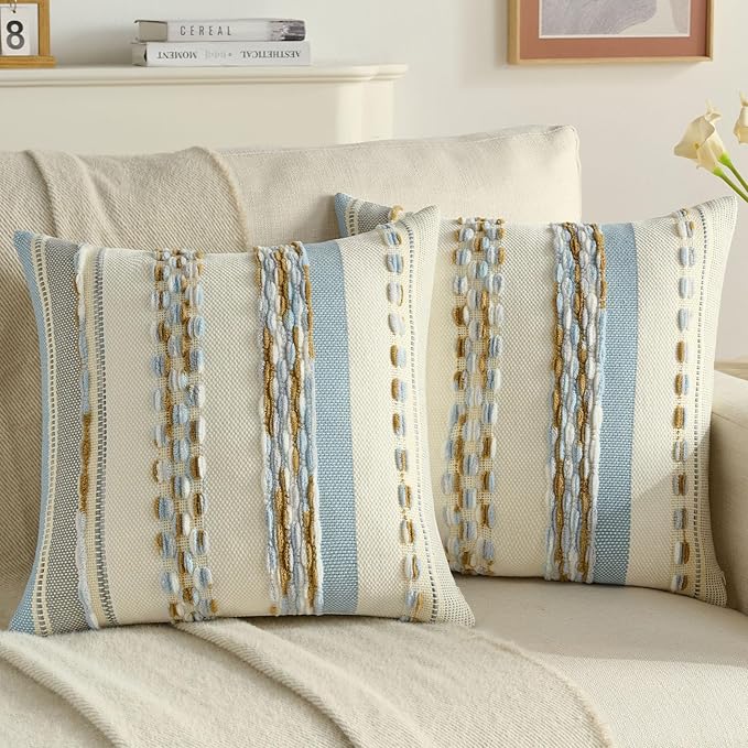 FUTEI Blue Brown Decorative Throw Pillow Covers 18x18 Inch Set of 2, Soft Tufted Striped Textured Accent Cushion Case,Boho Pillows for Couch Decor