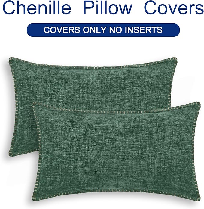 CaliTime Christmas Throw Pillow Covers Decorative 12 X 20 Inches Pack of 2 Cotton Thread Stitching Edges Solid Dyed Soft Chenille Cushion Cases for Couch Sofa Bed Living Room Farmhouse Dark Green