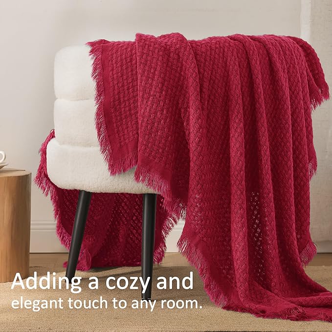 Exclusivo Mezcla Twin Size Knit Blanket with Fringes for Bed, Reversible Super Soft and Warm Woven Boho Throw for All Season, Home Decor, 60"x80", Red