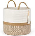 Mkono Woven Storage Basket Decorative Natural Rope Basket Wooden Bead Decoration for Blankets,Toys,Clothes,Shoes,Plant Organizer Bin with Handles Living Room Home Decor, 16"W×13.8"L, White and Brown