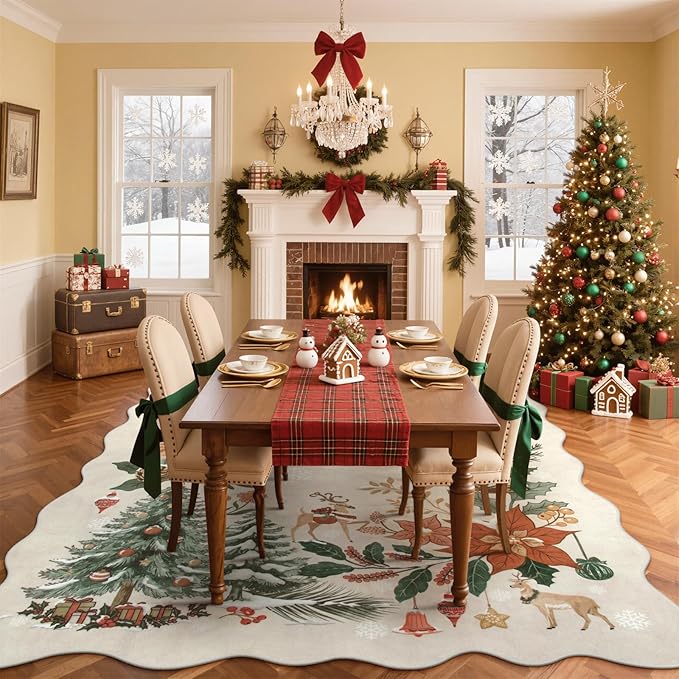 Lahome Floral Christmas Rugs for Living Room, Washable Christmas Rug 8x10 Under Bed Soft Xmas Tree Rug, Stain Resistance Large Carpets for Dining Room Office Home Decor, Beige/Multi