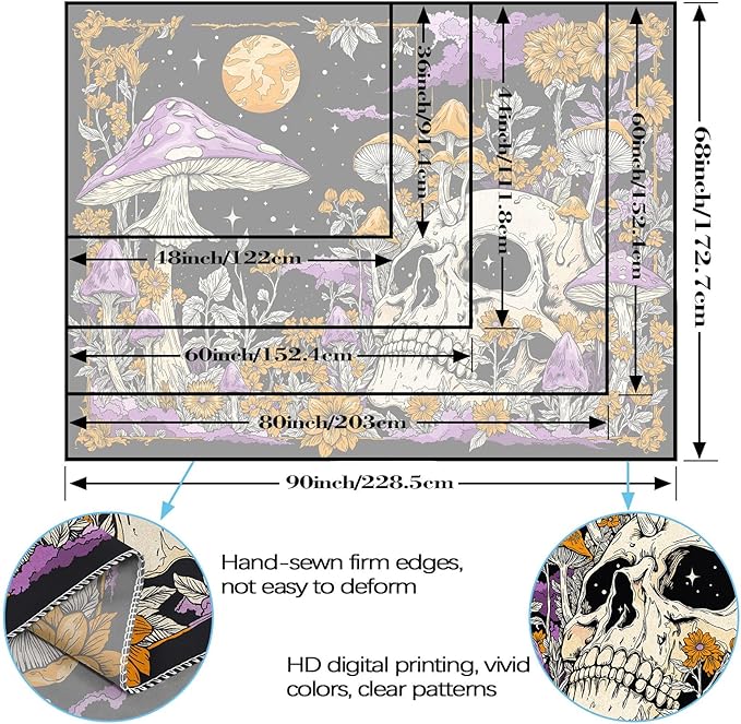 Lifeella Skull Mushroom Tapestry, Gothic Hippie Skeleton Wall Hanging for Bedroom Living Room Dorm Decor, Purple Orange 60x80 inches