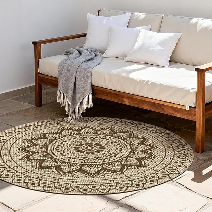 Outdoor Round Rug 5ft, Easy Jute Rug Washable Indoor Outdoor Patio Rug, Non Slip Round Area Rug Farmhouse Front Door Mat, Boho Lightweight Carpet for Backyard Patio Entry (Brown, 5 Ft)