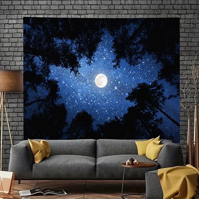TUGCAY Forest Galaxy Starry Tapestry Blue Space Night Sky Stars Moon Ceiling Tapestry Nature Trees Tapestries Aesthetic Wall Hanging for Bedroom Dorm Living Room Office Decor 80x60 Inch
