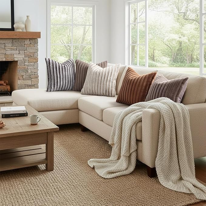 decorUhome Summer Cozy Faux Fur Throw Pillow Covers 16x16 Set of 2 Decorative Soft Plush Striped Modern Farmhouse Boho Couch Pillow Cases with Velvet Back for Sofa Bed Living Room, Beige White