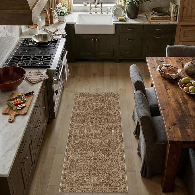 HUGEAR 2x6 Runner Rug Hallway Brick Red Machine Washable Vintage Floral Low Pile Carpet Vacuumable Distressed Long Throw Rug Bedroom Office Bathroom Kitchen Laundry Non Slip Soft Lightweight