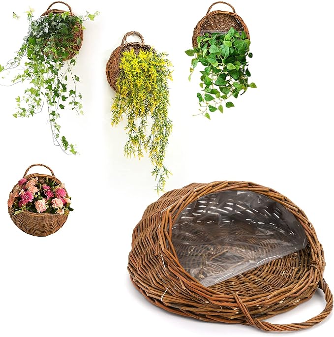 Foraineam Handmade Woven Hanging Basket, Natural Wicker Storage Basket Wall Hanging Flower Pot, Rattan Hanging Planter Container for Home Garden Wedding Wall Decorations
