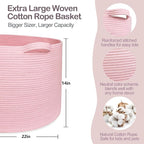 Extra Large Pink Basket, 22"x22"x14" Woven Cotton Rope Bin with Handles, Blanket Storage for Living Room, Baby Kids Toy Storage Bin Box, Wicker Laundry Basket, Pink Room Decor Organizing