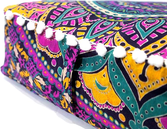 CRAFT KALA Large Hippie Mandala Meditation Floor Ottoman Pillow Cushion Pouf Cover Square Poufs Bohemian Circle Floor Cushion Case Outdoor Fireplace Yoga Living Room Decor Cover New Pink, 18" Square
