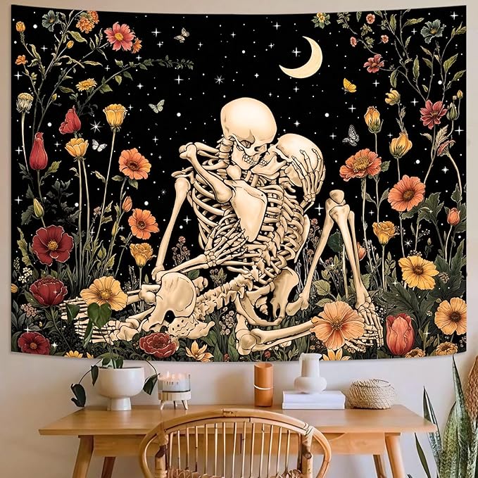 Accnicc Floral Skeleton Lovers Tapestry for Bedroom Gothic Skull Wall Tapestry Aesthetic Vintage Flower Plant Small Tapestries Wall Hanging for Living Room Dorm 48 x 36 Inch