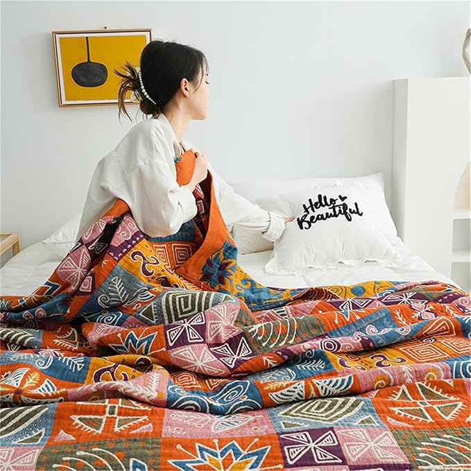 MSGKV Spring Cotton Throw Boho Blanket for Couch Bed, 80''x90'' Muslin Brathable Lightweight Travel Decor Blanket for Bedroom