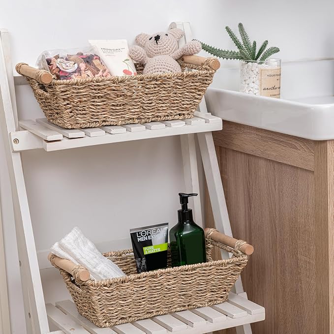 Small Wicker Baskets,small baskets for organizing,wicker storage Basket,small woven basket Seagrass Storage Baskets,Rattan Basket for Shelves Toilet Paper Basket with Handle,4 Pack