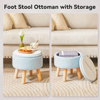 IBUYKE 13 Inch Foot Stool Ottoman with Storage, Round Small Foot Rest with Padded Seat and Wood Legs, Teddy Velvet Mini Footstool for Living Room Couch Bedroom Entryway, Gray-Blue WBD006H