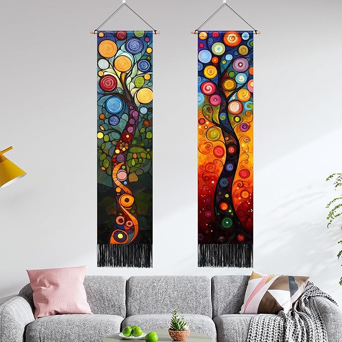 AOHMPT Pack of 2 Long Vertical Tapestry,Nature Landscape Tapestry with Serene Mountain River, Moon & Sun Motifs,Traditional Ink Painting Wall Art , Zen Aesthetic Wall Hanging for Living Room Bedroom Decor 13" W x 51" H"