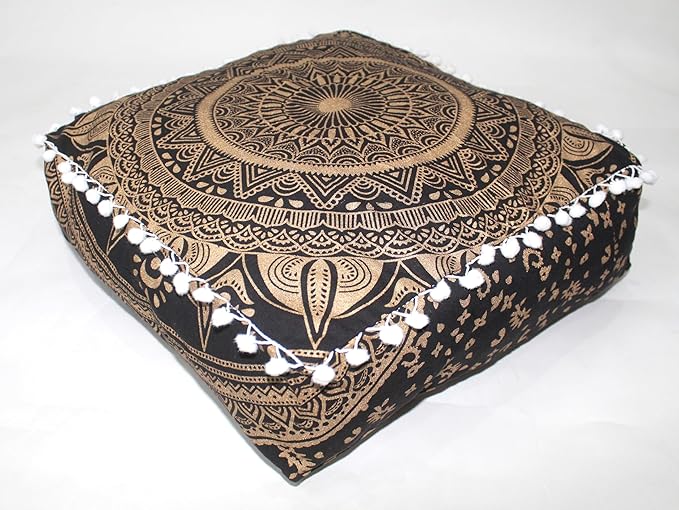 CRAFT KALA 24" Square Large Hippie Mandala Meditation Floor Ottoman Pillow Cushion Pouf Cover Square Poufs Bohemian Circle Floor Cushion Case Outdoor Fireplace Yoga Living Room Decor Cover Black Gold