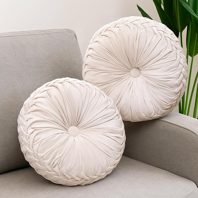 2 Pcs Round Throw Pillows 15 Inch Decorative Velvet Pleated Pumpkin Pillows Boho Floor Pillow with Center Button for Living Room Couch Chair Bed Sofa Home Decoration (Ivory)
