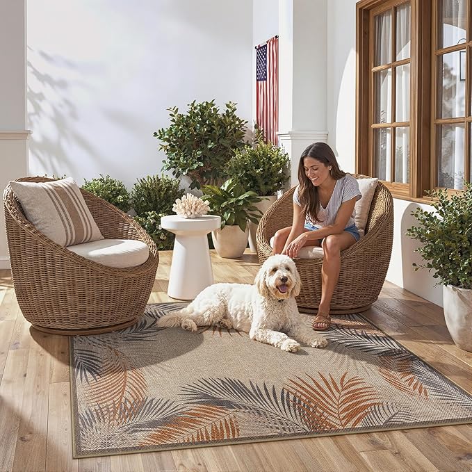 LIVEBOX Modern 3x5 Jute Outdoor Patio Rug, Washable Rugs for Entryway Porch, Tropical Leaf Boho Farmhouse Carpet, Non Slip Front Door Mat for Outdoor Indoor Entryway Decor (Beige 3'x5')