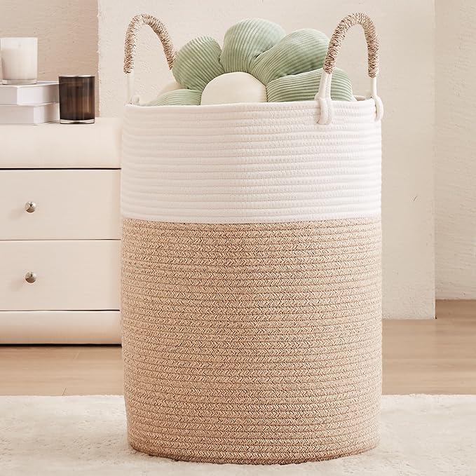 80L Large Hamper Laundry Basket Tall Woven Rope Clothes Hamper Blanket Basket in Living Room Bathroom Bedroom Brown 16"L x 16"W x 22"H