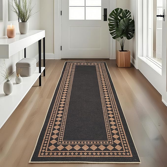 GarveeHome Jute Runner Rug 2x6 Washable Easy Jute Rug Non-Slip, Modern Bordered Indoor Outdoor Floor Mats, Easy Cleaning Geometric Neutarl Rugs for Kitchen Bedroom Balcony Entryway Porch, Black Brown