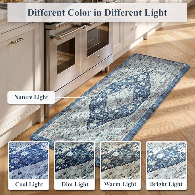 Collive Kitchen Mats for Floor, Boho Non Slip Kitchen Cushion Rug Kitchen Floor Mats Anti Fatigue for Office, Laundry, Sink, 17”x47”Dark Blue Non-Skid Waterproof Standing Desk Mat