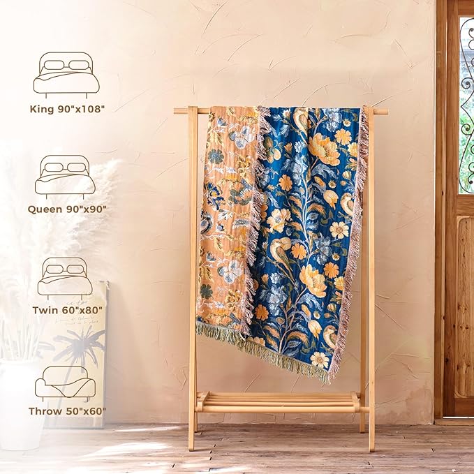Boho Throw Blanket for Bed Cotton Spring Blankets Twin Size for Bedroom Living Room All Season Lightweight Floral Bird Embroidery Breathable Quilt for Couch Sofa Chair 60"x80" Home Decor