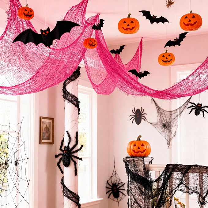 Set of 5 Pink Halloween Gauze Decor, Indoor Outdoor Pink Gauze Tapestry Decor, Halloween Spooky Decorations for Home Table Wall Yard Haunted House Party Supplies, 72 x 30 inch