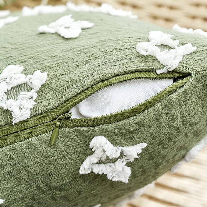 ANRODUO Pack of 2 Sage Green Floral Boho Decorative Throw Pillow Covers with Tufted Rhombic Jacquard for Room Decor Pillow Covers 18x18 Cute and Soft Pillowcase for Couch Sofa and Living Room Fall