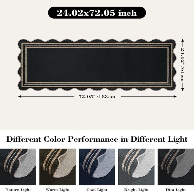 Easy Scalloped 2x6 Runner Rug for Hallway, Washable Kitchen Rugs Non Slip Outdoor Indoor Black Hallway Rug, Farmhouse Morden Carpet for Porch Bedroom Laundry