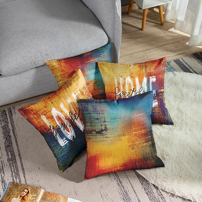 Emvency Set of 4 Blue and Orange Throw Pillow Covers Vintage Messy Rust Home Sweet Home Love Yourself Abstract Painting Outdoor Pillow Cases Decor Standard Square 20x20 Inches Pillowcases