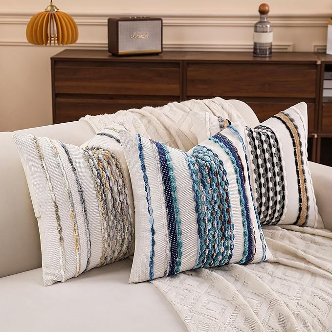 Boho Striped Throw Pillow Covers 18x18 Inch Set of 2 Farmhouse Square Decorative Pillow Covers Chenille Tufted Accent Neutral Pillowcase Black Grey Cushion Cover for Living Room Couch Sofa Bed
