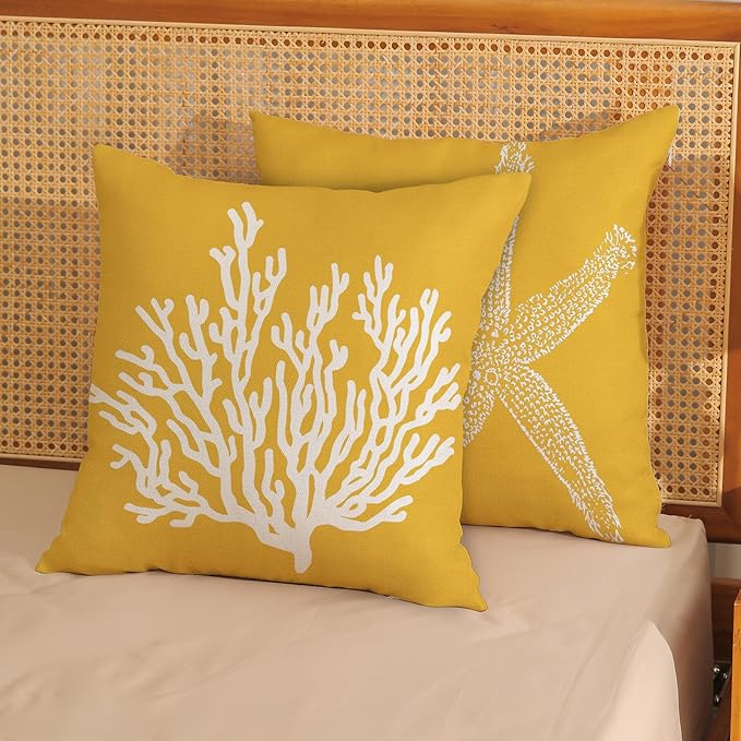 Coastal Pillow Covers 16x16 Set of 2 Yellow Coral Starfish Throw Pillows Nautical Ocean Decorations Summer Linen Beach Pillowcase Outdoor Decor Yellow Farmhouse Cushion Case for Home Bedroom