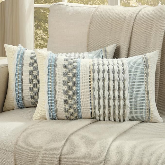 FUTEI Grey Accent Throw Pillow Covers Set of 2, 12x20 Inch Plush Tufted Striped Textured Decorative Pillow Cases for Farmhouse Boho Couch Decor