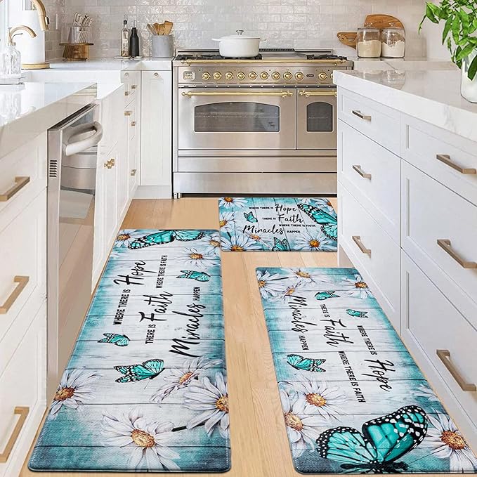 Likiyol Butterfly Floral Kitchen Mats for Farmhouse, Non Slip, Washable Anti Fatigue Mats - White Daisy Rugs, 18'' x 30'' + 18'' x 48'' + 18'' x 60''
