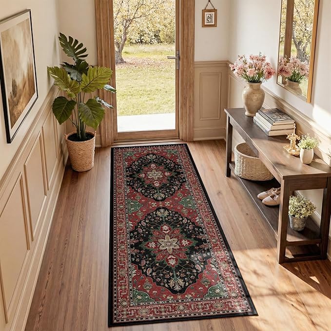 Area Rugs 2'x6' Runner Rug Non Slip Washable for Kitchen Hallway Bedroom Beside Laundry Room Bathroom Rug, Floor Carpet, Red Black