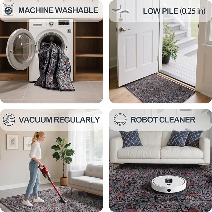 Washable 2' x 6' Runners for Hallways, Non Slip Long Floor Runner for Kitchen, Entryway Indoor, Stain Resistant Rubber Backing Floral Decor Rug (Dark Green)