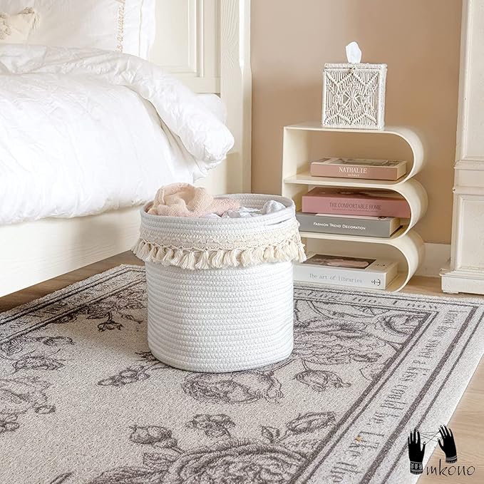 Mkono Macrame Decorative Cotton Rope Basket Boho Nursery Decor Small Cute Woven Tassel Closet Storage Bins Organizer for Baby Toys,Magazines, Potted Plants Cover,Living Room,Bedroom, 11"x11"