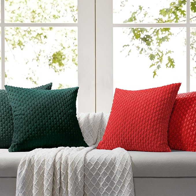 Softalker Throw Pillow Covers 12x20 Inch, Set of 4, Soft Corduroy Boho Stripe Decorative Pillow Cover, Couch Fluffy Pillow Cover for Farmhouse Home Decor Bed Living Room, Red/Green
