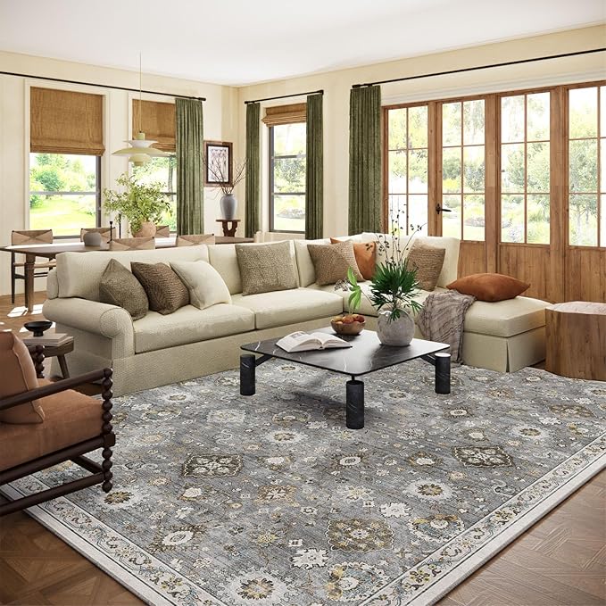 Machine Washable Rug for Living room: 9x12 Area Rugs Boho Vintage Rugs Stain Resistant Non Slip Low Pile Lightweight Soft Carpet for Bedroom Kitchen Dining Room Nursery Kids Room Farmhouse Home Office