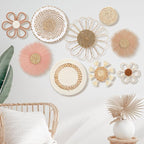 Chunful 9 Pcs Boho Nursery Wall Decor Daisy Flower Woven Macrame Seagrass Rattan Basket Wall Hanging Bohemian Decorations Gifts for Home Dorm Art Farmhouse Bedrooms Living Room(Pink Brown)