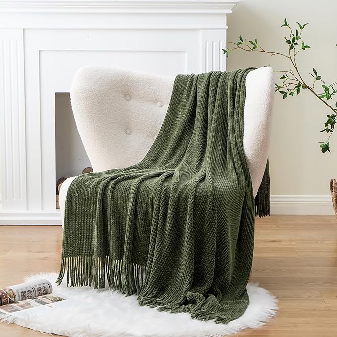BATTILO HOME Olive Green Throw Blanket for Couch, Soft Chenille Knit Throws with Tassels for Home Decor, Green Throws for Couch Cover, 50"x60"