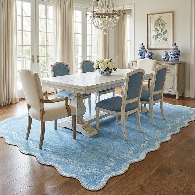 GarveeHome Scalloped Area Rugs 8x10 for Living Room, Solid Blue Large Washable Rug Soft Non Slip Backing Floor Mat Carpet Indoor Thin Rug for Bedroom Dining Room Playroom Nursery Home Decor